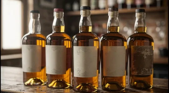 Bouteilles de rhum agricole Neisson alignées sur comptoir bois rustique avec reflets dorés