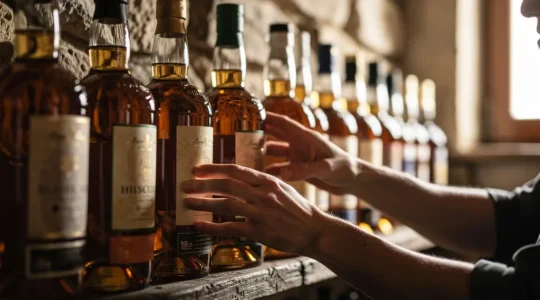 Bouteilles de rhum ambré alignées sur étagère en bois dans une cave à spiritueux