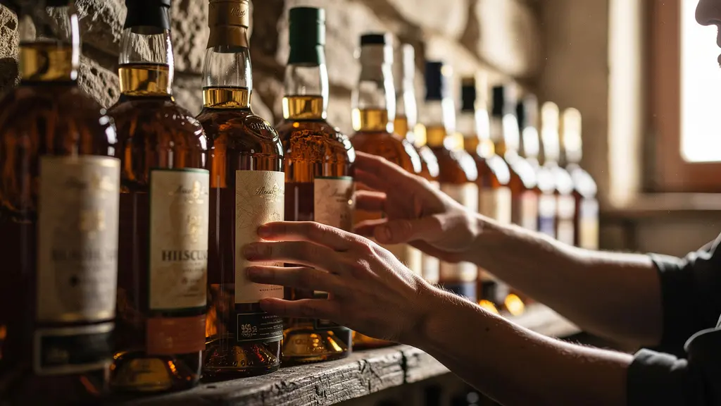 Bouteilles de rhum ambré alignées sur étagère en bois dans une cave à spiritueux