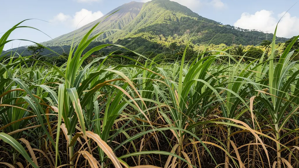 Champ de canne à sucre en Martinique avec montagne volcanique pour rhum agricole Neisson