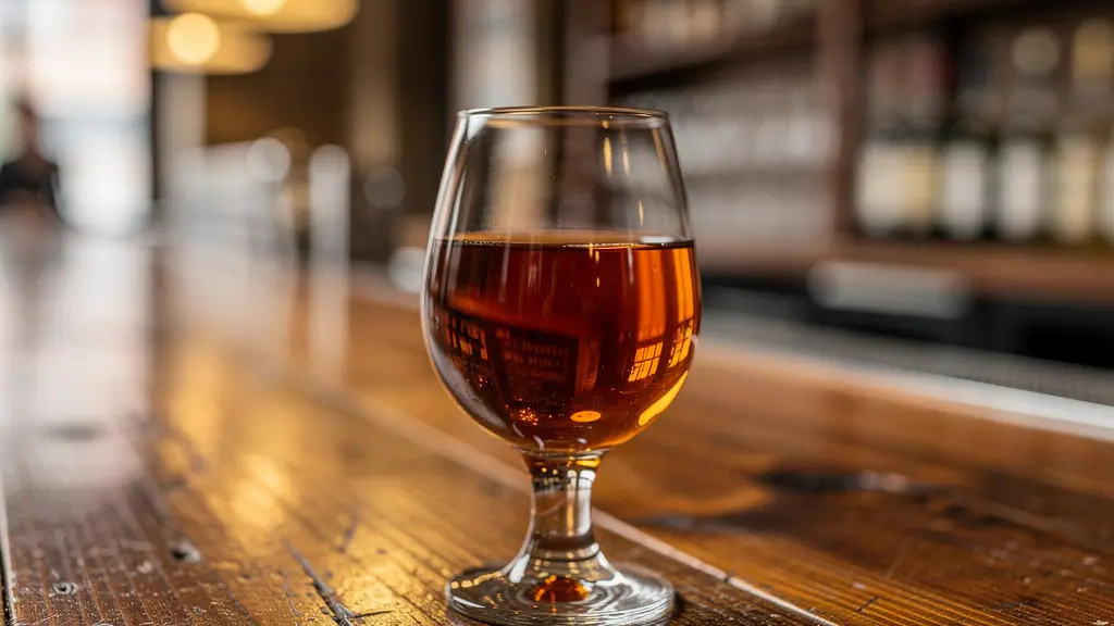 Verre tulipe de dégustation avec rhum ambré sur comptoir en bois