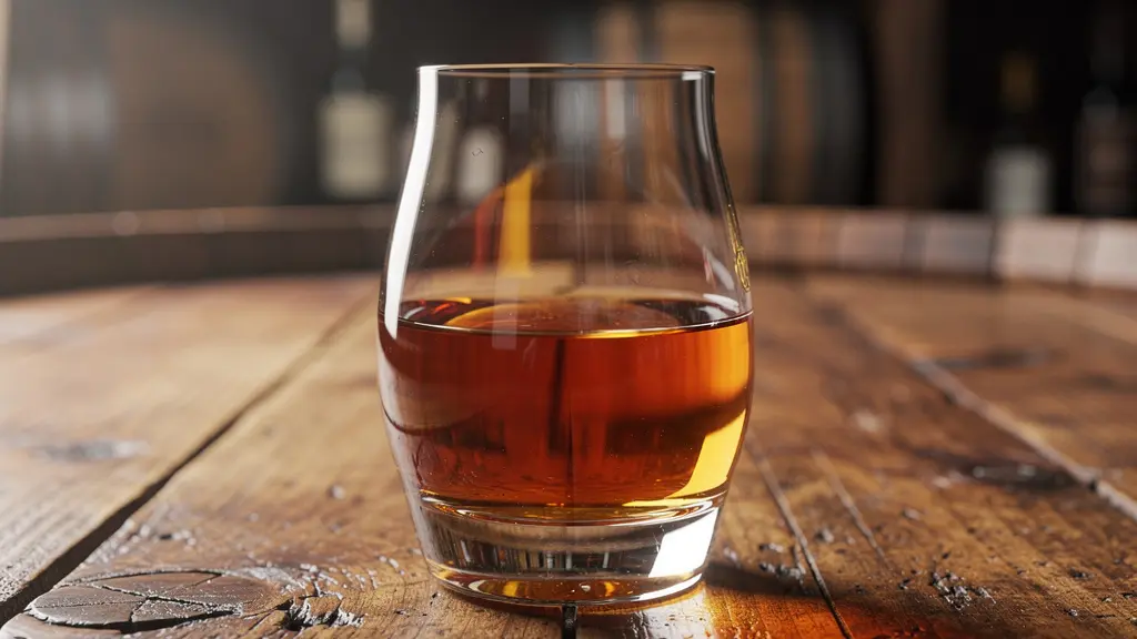 Verre tulipe de dégustation avec rhum Neisson ambré posé sur table en bois